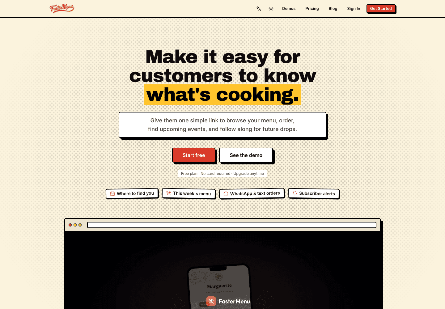 Screenshot of the Fastermenu landing page