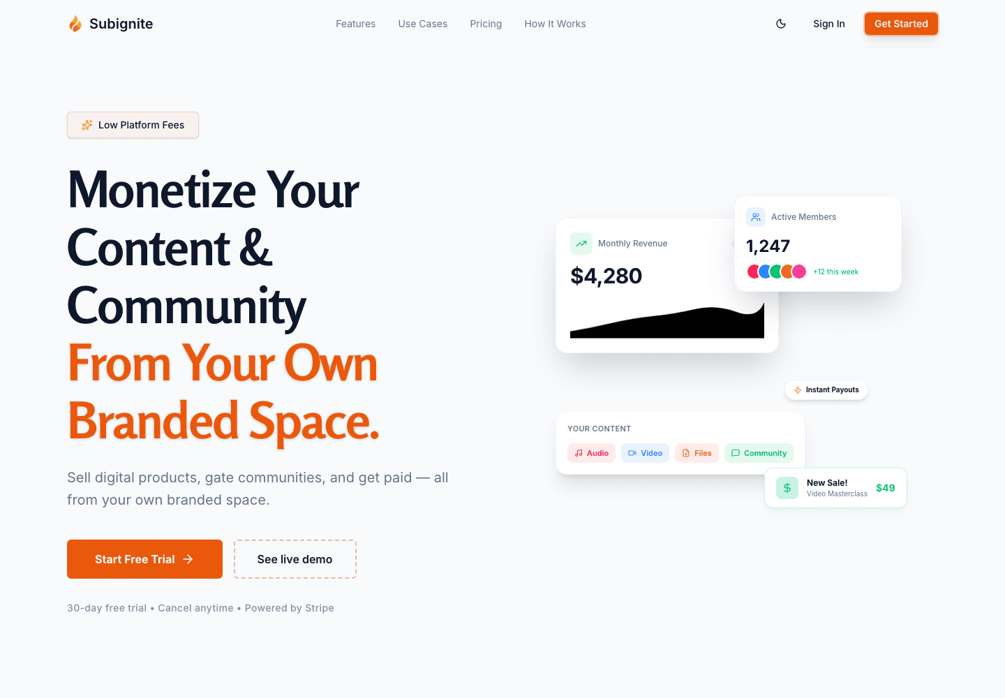 Screenshot of the Subignite landing page