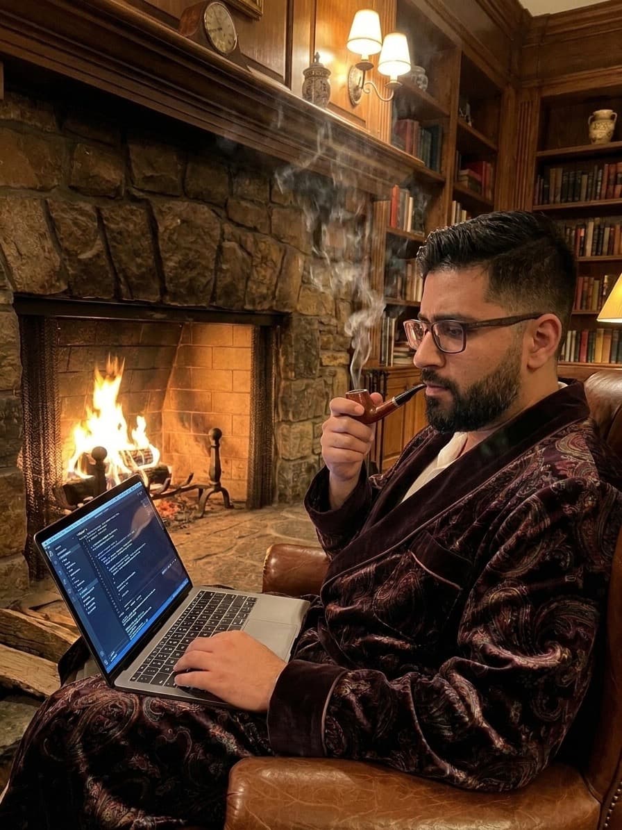 Tony Jara, software developer from Paraguay, in a velvet robe smoking a pipe in front of a fireplace with a laptop on his lap.