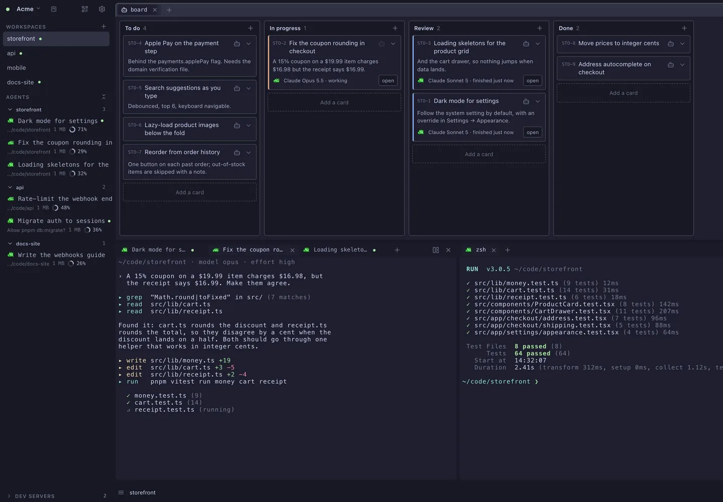 Screenshot of kururu: a board of cards for an example storefront project above two terminals where coding agents are working.