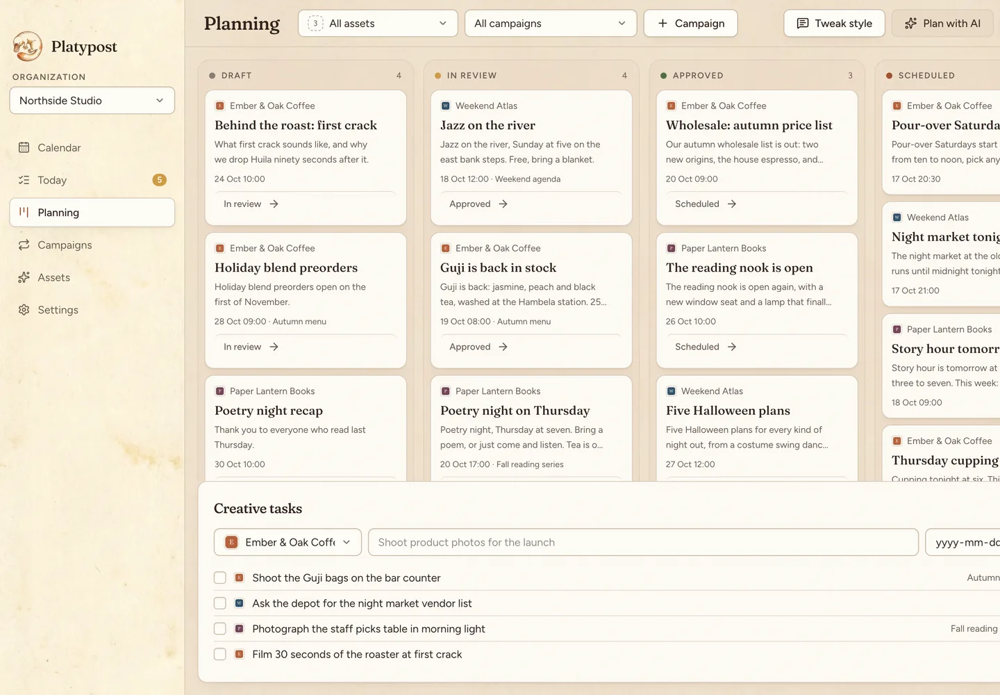 Screenshot of Platypost's planning board: posts for three example brands in draft, in review, approved and scheduled, above a list of creative tasks.