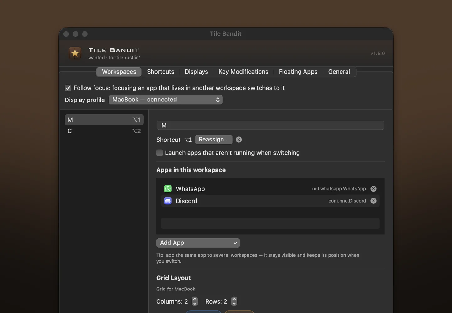 Screenshot of Tile Bandit's settings window, showing a workspace with its apps, shortcut and grid layout.
